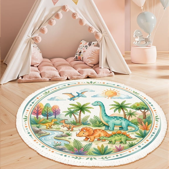 Washable Non Slip 3ft Round Rug, Cute Dinosaur Tropical Landscape Bright Colors Circle Carpet with Tassels Crawling Play Mat for Nursery Children Toddlers Bedroom