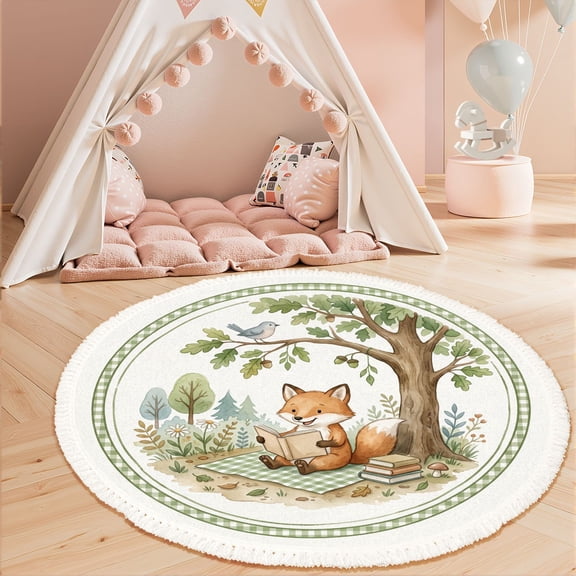 Washable Non Slip 3ft Round Rug, Cute Fox Reading Under Tree Woodland Bird Nature Elements Nursery Rug with Tassels Carpet for Bedroom Living Room Playroom Tent rug Tent Castle