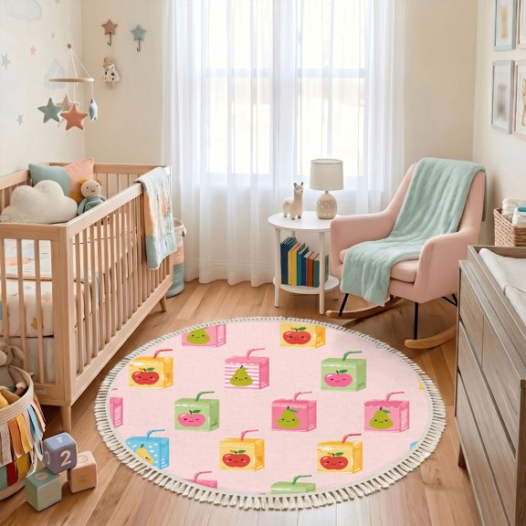 Washable Non Slip 3ft Round Rug, Cute Fruit Juice Box Pastel Colors Pink Circle Area Rugs with Tassels Carpet for Nursery Bedroom Living Room Playroom Tent Rug