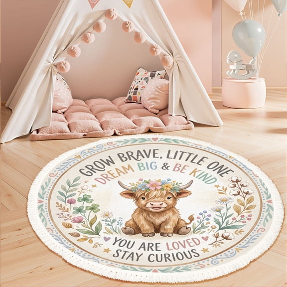 Washable Non Slip 3ft Round Rug, Cute Highland Cow Floral Wreath Inspirational Quote Pastel Botanical Circle Area Rugs with Tassels Carpet for Nursery Bedroom Living Room Playroom Tent Rug