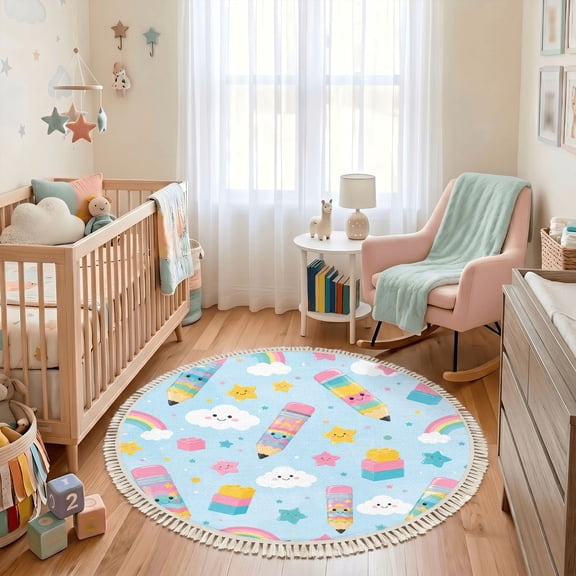 Washable Non Slip 3ft Round Rug, Cute Kawaii Rainbow Pencils Clouds Stars Building Blocks Blue Circle Area Rugs with Tassels Carpet for Nursery Bedroom Living Room Playroom Tent Rug
