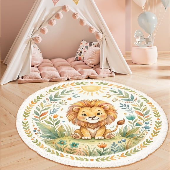 Washable Non Slip 3ft Round Rug, Cute Lion Surrounded by Colorful Nature Circle Area Rugs with Tassels Crawling Play Mat Nursery Carpet for Children Toddlers Bedroom