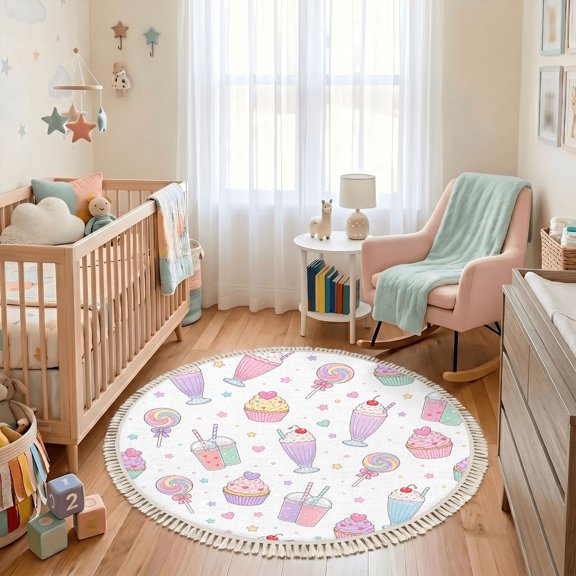 Washable Non Slip 3ft Round Rug, Cute Pastel Dessert Milkshakes Cupcakes Lollipops Circle Area Rugs with Tassels Carpet for Nursery Bedroom Living Room Playroom Tent Rug