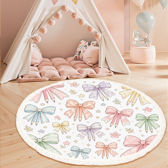 Washable Non Slip 3ft Round Rug, Cute Pastel Ribbon Bow Floral Accents White Circle Area Rugs with Tassels Carpet for Nursery Bedroom Living Room Playroom Tent rug Tent Castle