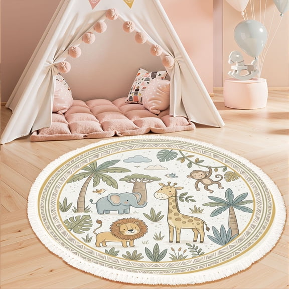 Washable Non Slip 3ft Round Rug, Cute Safari Animal Giraffe Lion Elephant Monkey Tribal Border Circle Area Rugs with Tassels Carpet for Nursery Bedroom Playroom Tent rug Tent Castle