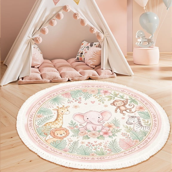 Washable Non Slip 3ft Round Rug, Cute Safari Animals Floral Border Pastel Colors Circle Area Rugs with Tassels Carpet for Nursery Bedroom Playroom Tent rug Tent Castle