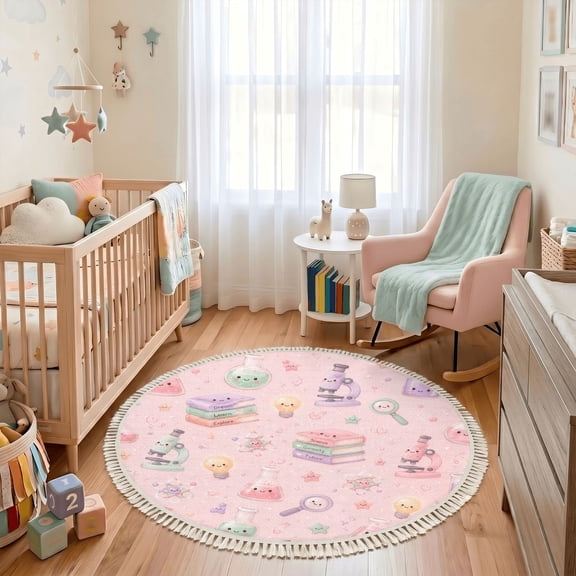 Washable Non Slip 3ft Round Rug, Cute Science Themed Microscope Books Magnifying Glass Beakers Circle Area Rugs with Tassels Carpet for Nursery Bedroom Living Room Playroom Tent Rug