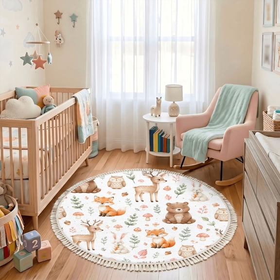Washable Non Slip 3ft Round Rug, Cute Woodland Animals Forest Elements Seamless Circle Area Rugs with Tassels Carpet for Nursery Bedroom Living Room Playroom Tent Rug
