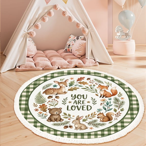 Washable Non Slip 3ft Round Rug, Cute Woodland Animals Green Gingham Border Inspirational Message Nursery Rug with Tassels Carpet for Bedroom Living Room Playroom Tent rug Tent Castle