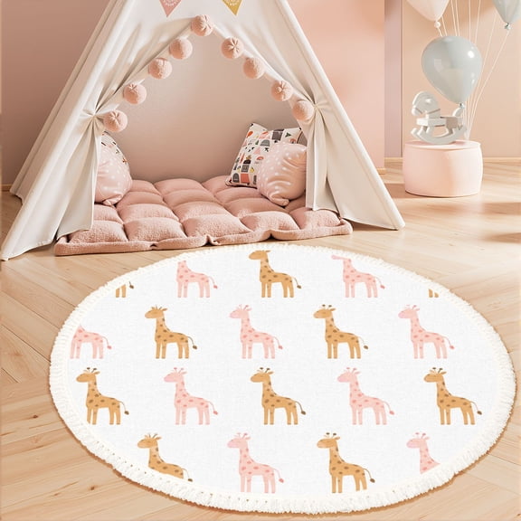 Washable Non Slip 3ft Round Rug, Cute baby giraffe small Hand drawn nursery animal Circle Area Rugs with Tassels Carpet for Nursery Bedroom Living Room Playroom Tent Rug