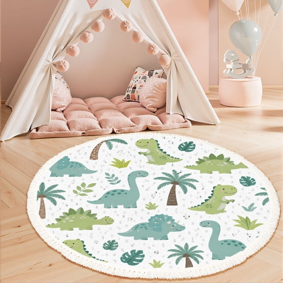 Washable Non Slip 3ft Round Rug, Dinosaur baby boy Sweet dino palm Scandinavian cute print Circle Area Rugs with Tassels Carpet for Nursery Bedroom Living Room Playroom Tent Rug