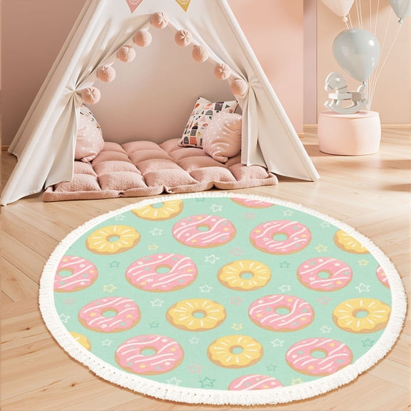 Washable Non Slip 3ft Round Rug, Donut Pink Yellow Frosted Donuts Pastel Green Circle Area Rugs with Tassels Carpet for Nursery Bedroom Living Room Playroom Tent rug Tent Castle
