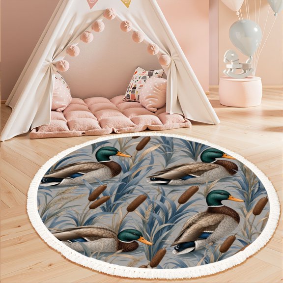Washable Non Slip 3ft Round Rug, Duck Blue Grass Brown Reeds Nature Circle Area Rugs with Tassels Carpet for Nursery Bedroom Living Room Playroom Tent rug Tent Castle