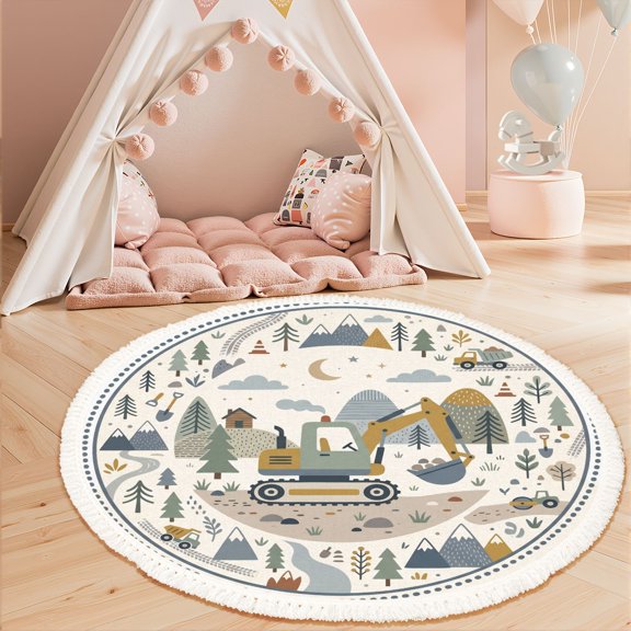 Washable Non Slip 3ft Round Rug, Excavator Scenic Forest Landscape Mountains Trees Circle Carpet with Tassels Crawling Play Mat for Nursery Children Toddlers Bedroom
