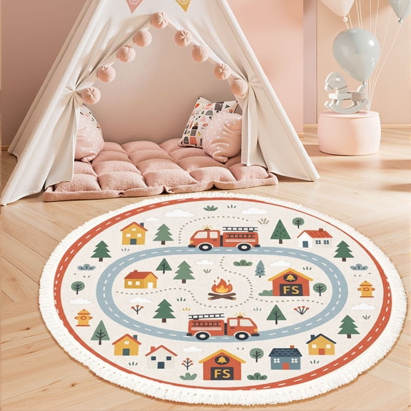 Washable Non Slip 3ft Round Rug, Fire Truck Houses Trees Campfire Circular Road Scene Circle Area Rugs with Tassels Crawling Play Mat Nursery Carpet for Children Toddlers Bedroom