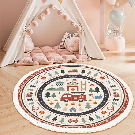 Washable Non Slip 3ft Round Rug, Firefighter Themed Circular Design Patterns Fire Truck Circle Area Rugs with Tassels Crawling Play Mat Nursery Carpet for Children Toddlers Bedroom