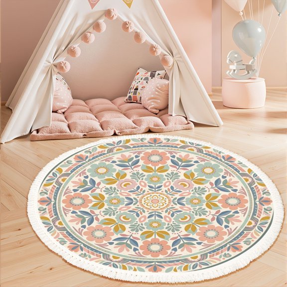 Washable Non Slip 3ft Round Rug, Floral Mandala Pastel Colors Circle Area Rugs with Tassels Carpet for Nursery Bedroom Living Room Playroom Tent Rug Tent Castle