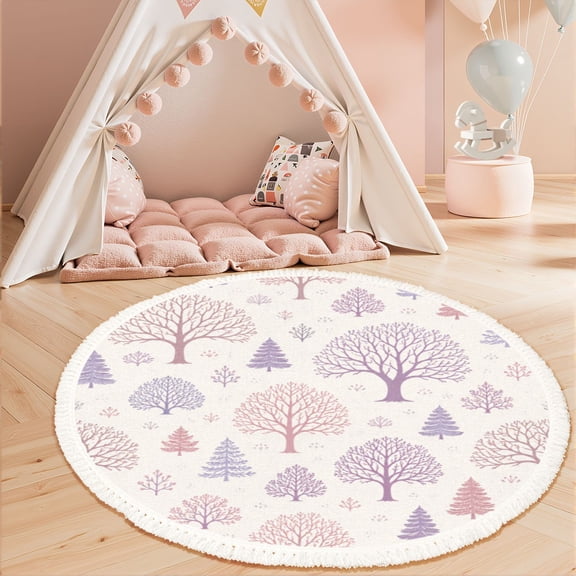 Washable Non Slip 3ft Round Rug, Forest Trees Misty Pastel Pink Purple Woodland Circle Area Rugs with Tassels Carpet for Nursery Bedroom Living Room Playroom Tent rug Tent Castle