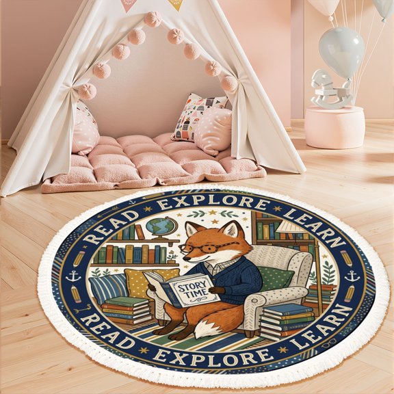 Washable Non Slip 3ft Round Rug, Fox Reading Book Cozy Library Setting Story Time Circle Area Rugs with Tassels Carpet for Nursery Playroom Daycare Reading Nook Classroom