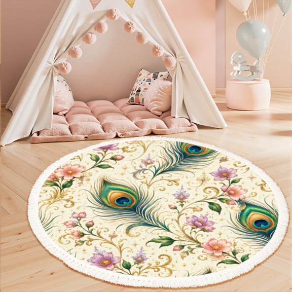 Washable Non Slip 3ft Round Rug, Garden Dawn Art Ethereal Peacock Circle Area Rugs with Tassels Carpet for Nursery Bedroom Living Room Playroom Tent rug Tent Castle