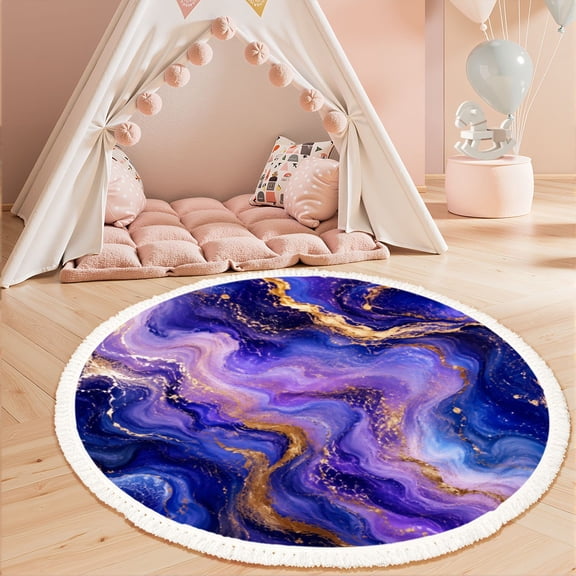 Washable Non Slip 3ft Round Rug, Glamorous Purple Blue Agate Marble Gold Glitter Swirls Circle Area Rugs with Tassels Carpet for Nursery Bedroom Living Room Playroom Tent rug Tent Castle