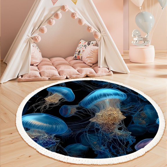 Washable Non Slip 3ft Round Rug, Glowing Blue Jellyfish Floating Dark Ocean Waters Circle Area Rugs with Tassels Carpet for Nursery Bedroom Living Room Playroom Tent rug Tent Castle