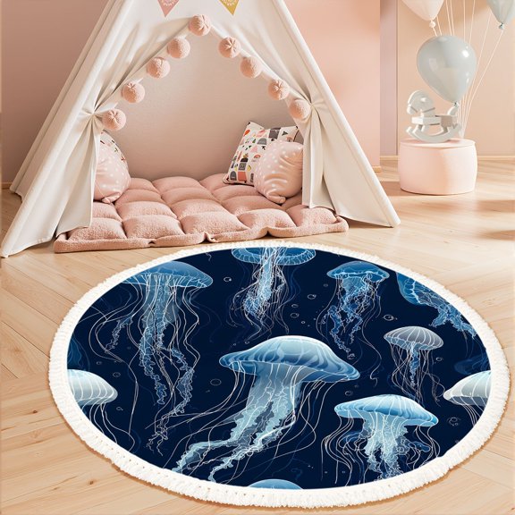 Washable Non Slip 3ft Round Rug, Glowing Blue Jellyfish Flowing Tentacles Dark Ocean Circle Area Rugs with Tassels Carpet for Nursery Bedroom Living Room Playroom Tent rug Tent Castle