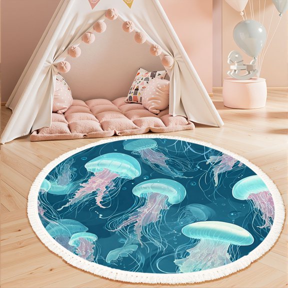 Washable Non Slip 3ft Round Rug, Glowing Jellyfish Blue Pink Tones Underwater Scene Circle Area Rugs with Tassels Carpet for Nursery Bedroom Living Room Playroom Tent rug Tent Castle