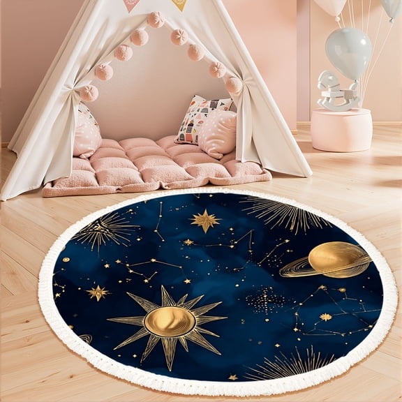 Washable Non Slip 3ft Round Rug, Golden Celestial Planets Star Constellations Dark Blue Circle Area Rugs with Tassels Carpet for Nursery Bedroom Living Room Playroom Tent rug Tent Castle