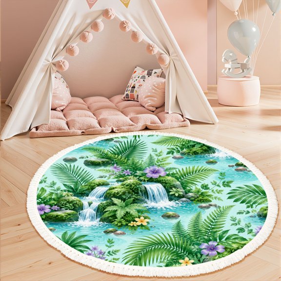 Washable Non Slip 3ft Round Rug, Green Forest Multi Tier Waterfall Stone Staircase Circle Area Rugs with Tassels Carpet for Nursery Bedroom Living Room Playroom Tent rug Tent Castle