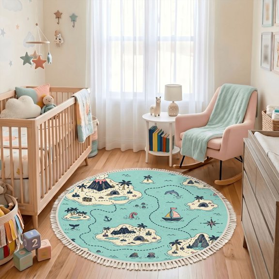 Washable Non Slip 3ft Round Rug, Hand Drawn Pirate Treasure Map Islands Nautical Elements Circle Area Rugs with Tassels Carpet for Nursery Bedroom Living Room Playroom Tent Rug