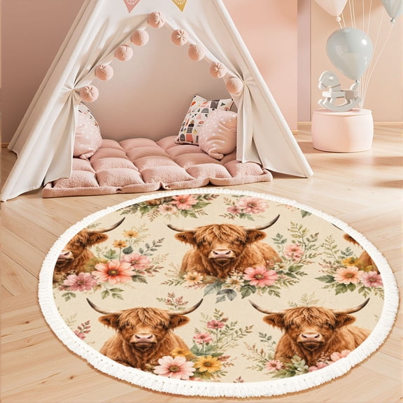 Washable Non Slip 3ft Round Rug, Highland Cow Floral Soft Pastels Circle Area Rugs with Tassels Carpet for Nursery Bedroom Living Room Playroom Tent rug Tent Castle
