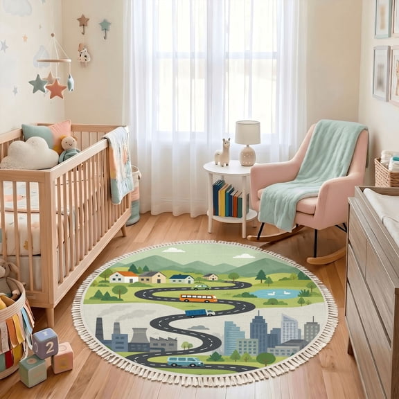 Washable Non Slip 3ft Round Rug, Illustrated Winding Road Connecting Countryside City Landscape Circle Area Rugs with Tassels Carpet for Nursery Bedroom Living Room Playroom Tent Rug