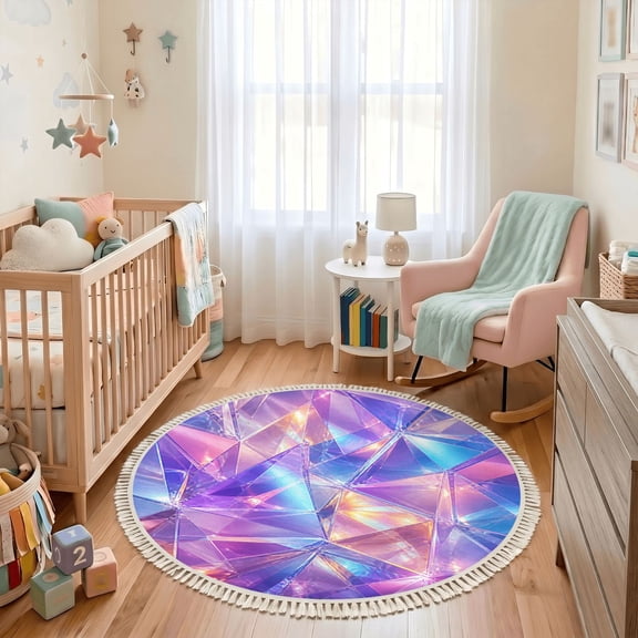 Washable Non Slip 3ft Round Rug, Iridescent Geometric Patterns Circle Area Rugs with Tassels Triangular Shapes Soft Pastel Colors Carpet for Nursery Bedroom Living Room Playroom Tent Rug