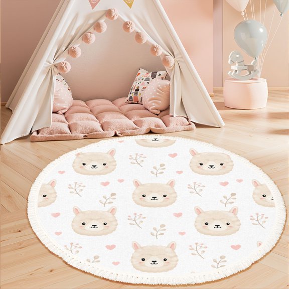 Washable Non Slip 3ft Round Rug for Kids Room Nursery Cute Llama, Cute Alpaca Faces Hearts Branches Pastel Colors Carpet for Bedroom Playroom Tent Rug