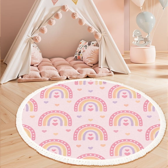 Washable Non Slip 3ft Round Rug, Kids pink pastel rainbows Summer Circle Area Rugs with Tassels Carpet for Nursery Bedroom Living Room Playroom Tent rug Tent Castle