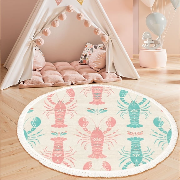 Washable Non Slip 3ft Round Rug, Lobster Pastel Pink Teal Symmetrical Coastal Motif Circle Area Rugs with Tassels Carpet for Nursery Bedroom Living Room Playroom Tent rug Tent Castle