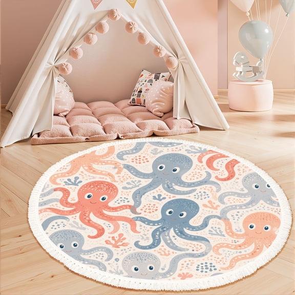 Washable Non Slip 3ft Round Rug, Lovely Laughing Pastel sea creatures Scandinavian Circle Area Rugs with Tassels Carpet for Nursery Bedroom Living Room Playroom Tent Rug Tent Castle