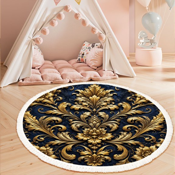 Washable Non Slip 3ft Round Rug, Luxurious Baroque Floral Deep Blue Gold Embossed Style Circle Area Rugs with Tassels Carpet for Nursery Bedroom Living Room Playroom Tent rug Tent Castle