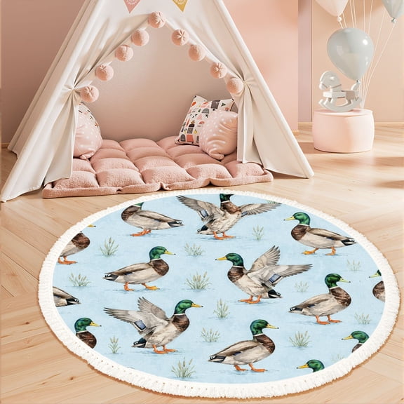 Washable Non Slip 3ft Round Rug, Mallard Ducks Hand Drawn Watercolor Illustrations Light Blue Circle Area Rugs with Tassels Carpet for Nursery Bedroom Living Room Playroom Tent rug Tent Castle