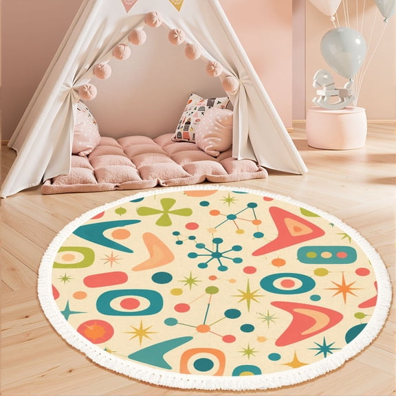 Washable Non Slip 3ft Round Rug, Mid Century Modern atomic retro stars orange blue Circle Area Rugs with Tassels Carpet for Nursery Bedroom Living Room Playroom Tent Rug Tent Castle