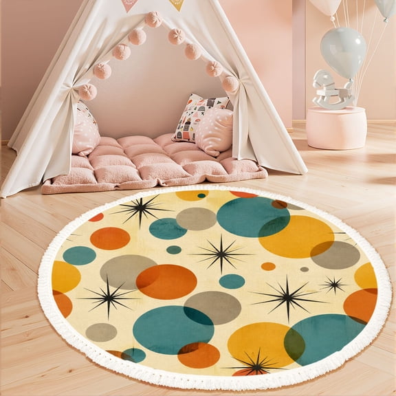 Washable Non Slip 3ft Round Rug, Mid century fifties modern atomic retro colors Circle Area Rugs with Tassels Carpet for Nursery Bedroom Living Room Playroom Tent Rug Tent Castle