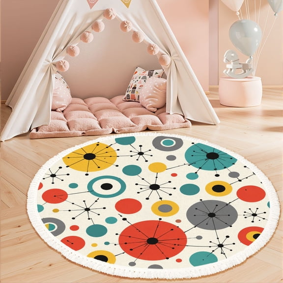 Washable Non Slip 3ft Round Rug, Mid century fifties modern atomic retro colors Part Circle Area Rugs with Tassels Carpet for Nursery Bedroom Living Room Playroom Tent Rug Tent Castle
