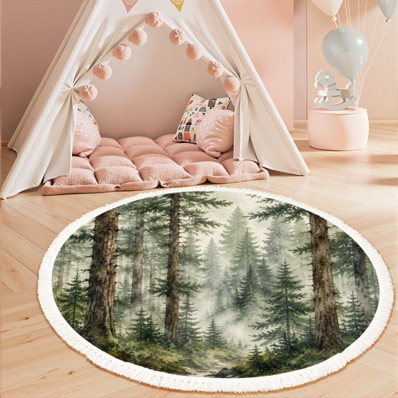 Washable Non Slip 3ft Round Rug, Misty Forest Tall Pine Trees Watercolor Style Circle Area Rugs with Tassels Carpet for Nursery Bedroom Living Room Playroom Tent rug Tent Castle