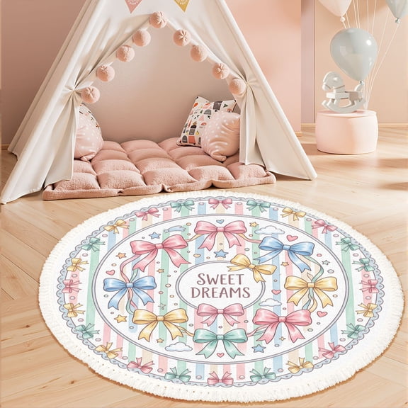 Washable Non Slip 3ft Round Rug, Pastel Bow Star Striped Circle Area Rugs with Tassels Carpet for Nursery Bedroom Living Room Playroom Tent Rug Tent Castle
