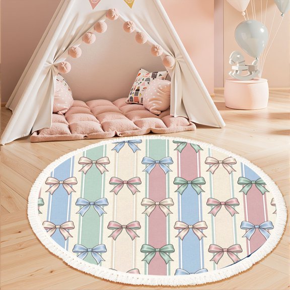 Washable Non Slip 3ft Round Rug, Pastel Bow Striped Soft Colors Circle Area Rugs with Tassels Carpet for Nursery Bedroom Living Room Playroom Tent Rug Tent Castle