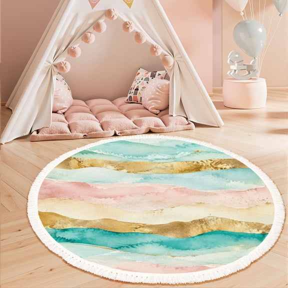 Washable Non Slip 3ft Round Rug, Pastel Watercolor Stripes Gold Accents Abstract Design Circle Area Rugs with Tassels Carpet for Nursery Bedroom Living Room Playroom Tent rug Tent Castle
