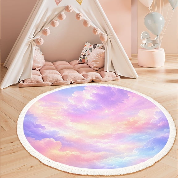 Washable Non Slip 3ft Round Rug, Pastel cloudy sky Circle Area Rugs with Tassels Carpet for Nursery Bedroom Living Room Playroom Tent Rug Tent Castle