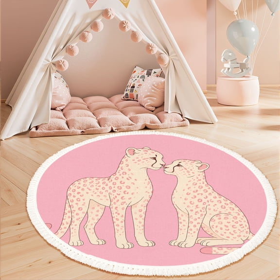 Washable Non Slip 3ft Round Rug, Pink Cheetah Funky Preppy Dopamine Animal Minimalist Aesthetic Leopard Circle Area Rugs with Tassels Carpet for Nursery Bedroom Living Room Playroom Tent Rug