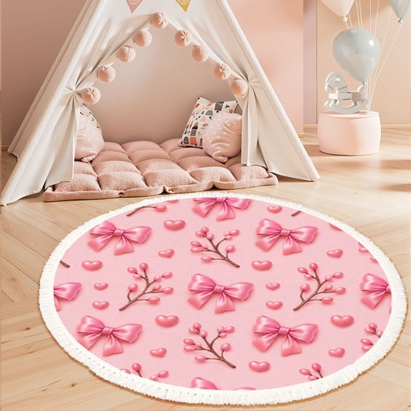 Washable Non Slip 3ft Round Rug, Pink Ribbon Berry Branch Hearts Pastel Circle Area Rugs with Tassels Carpet for Nursery Bedroom Living Room Playroom Tent rug Tent Castle